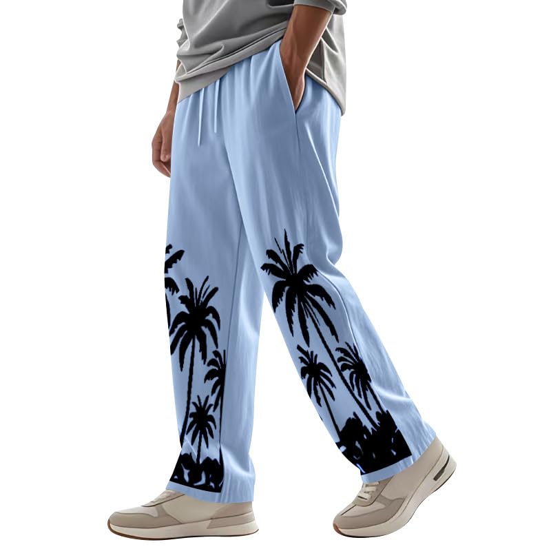 Men's Linen Pants Loose Fit Palm Tree Printed Casual Pants Lightweight Elastic Waist Beach Trousers with Pockets