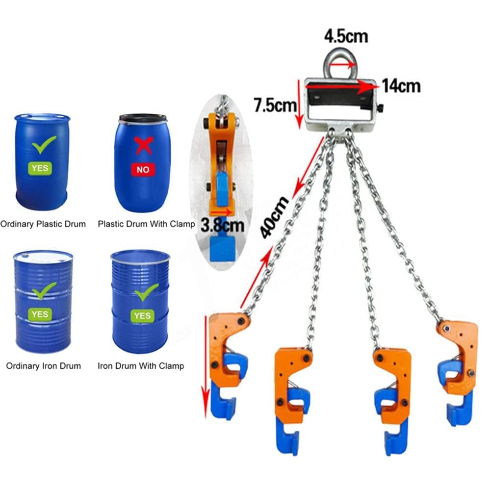 Ketten-Trommelheber 2 Tonnen mit 4 Haken, robuste Stahlschlinge für 55-Gallonen-Trommel, ideal für Kran- und Gabelstapler-Hebearbeiten