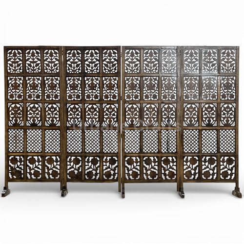 Image of Wooden Room Partition /Screen /Room Divider /Room Separator Burnt Wood Finish (Hand Buffing) Frame Traditional Handicrafts 6Ft Height (30 Inches Width 4 Panel)