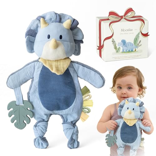 Moonkie Schmusetuch Baby Dinosaurier mit Silikon Beißring | 3-in-1 Superweich Kuscheltier | Kopf mit Rassel| Crinkle Ohren | Strukturierten Bändern | Sensorik Spielzeug | Taufgeschenk Junge ab 0M+