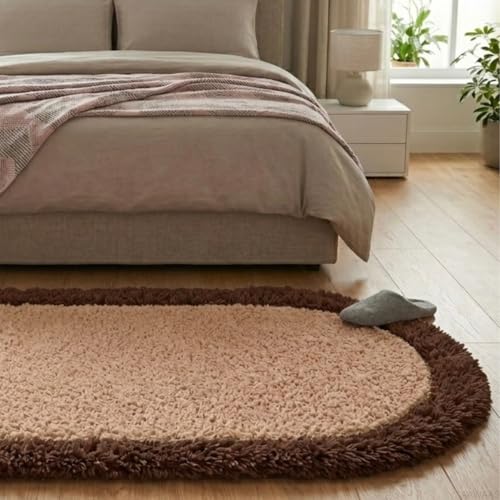 Image of Shaggy Runner, Polyester Rug, Hallway Carpet, Bedside Runner, Plush Area Rug, high Pile Rug, 2 inch Pile, Fluffy Floor mat. - (2x3 feet, Beige /Coffee, Oval)