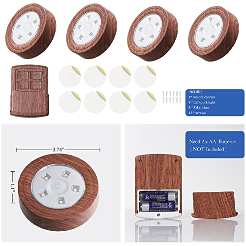 Image of Puck Lights with Remote, LED Under Cabinet Lights with Auto Timer, Battery Operated Dimmable Under Counter Light for Closet, Kitchen, Under Counter, Hallway, Stairs. 4 Pack (Woodgrain-1)