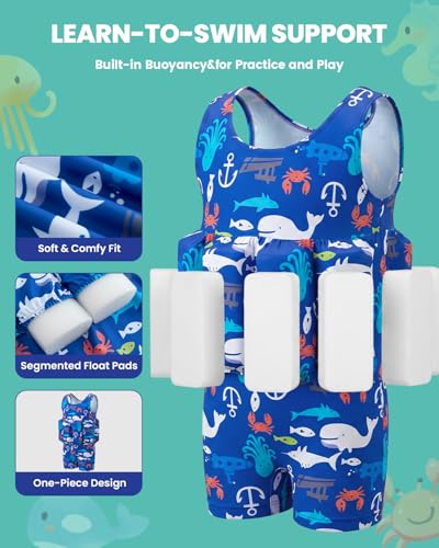 Image of DivingBirds Toddler Floatie Swimsuit with Hat for Boys Girls, Sleeveless Swim Suit with Floatation, 1-6Y