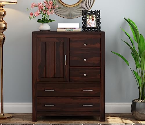 Image of Solid Sheesham Wood Wooden Sideboard Storage Cabinet & Chest of Drawer : Ideal for Living Room and Bedroom with 5 Drawers and 1-Shelf Storage (Avalon, Walnut Finish)