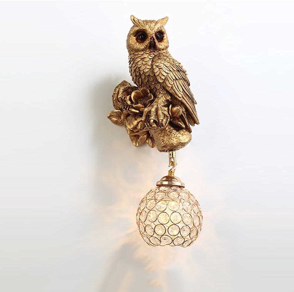 ITOSUI Owl Light Fixtures Rdic Creative Resin Wall Lamps with Crystal Shade Cute Animal Design for Boys Girls Children's Room Study Bedside Sconces Ac0-0v E26 Wall Hanging Lighting