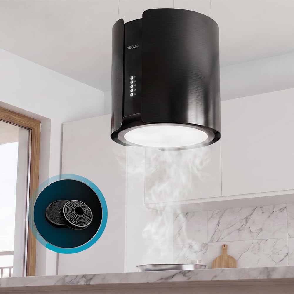 Cecotec Hotte Aspirante d'Îlot Ronde 38 cm Bolero Flux CRE 385500 Black A+. Finition en Acier Noir, Aspiration 591,2 m³/h, Commande par Boutons Électroniques, Filtre à Charbon, Classe A+, Moteur DC