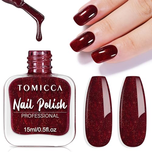 TOMICCA Smalto per unghie glitterato rosso, 15 ml, lucido, ad asciugatura rapida e a lunga durata, rimovibile a base d'acqua, smalto per unghie per nail art fai da te manicure