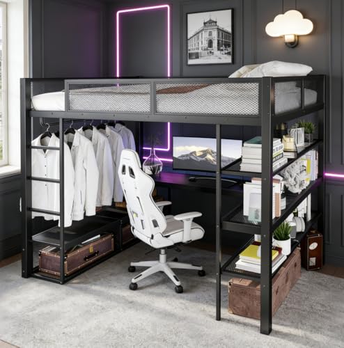Image of Bellemave Queen Size loft Bed with Desk and Storage Shelves and Hanging Rod, Metal Queen Loft Bed Frame for Adults, Kids, Teens, Black