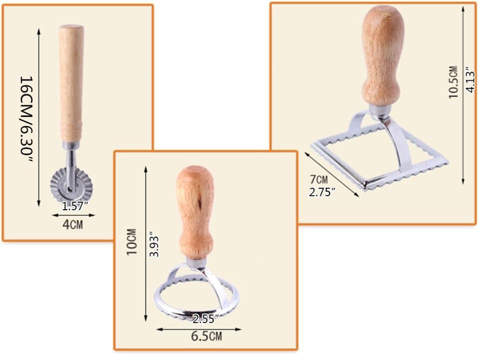 3 Pcs Ravioli Cutter with Roller Wheel Set Cookies Stamp Cutter Dough Pasta Maker Mold with Wooden Handle