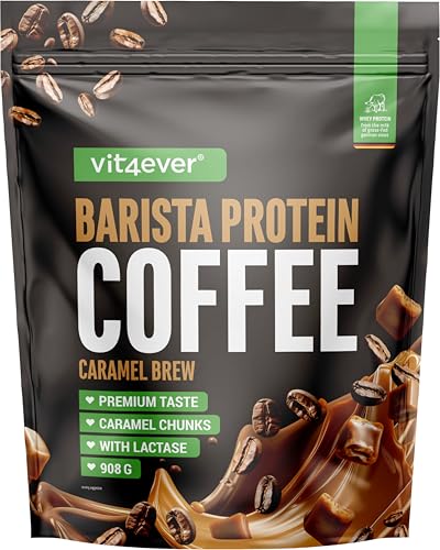 Barista Protein Coffee: café cremoso con proteínas, con hasta 20 g de proteína por ración, con café auténtico, cafeína, trocitos de caramelo, bajo en azúcar y grasa (908 g, Caramelo Brew).