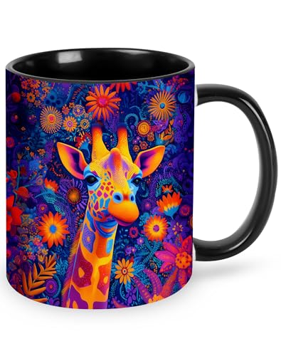a white ceramic mug with a giraffe printed on the side, with a handle
