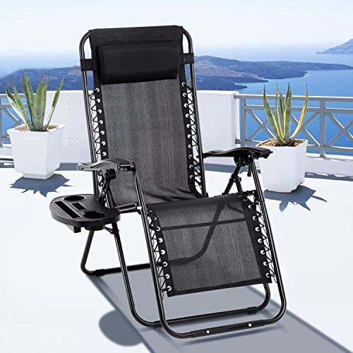 Folding Patio Lounge Chair Portable Outdoor Mesh Zero Gravity Chair Recliner Adjustable Patio Chairs Chaise with Cup Holder and Pillow Support 350lbs for Deck, Patio, Lawn, Poolside,Camping,Black