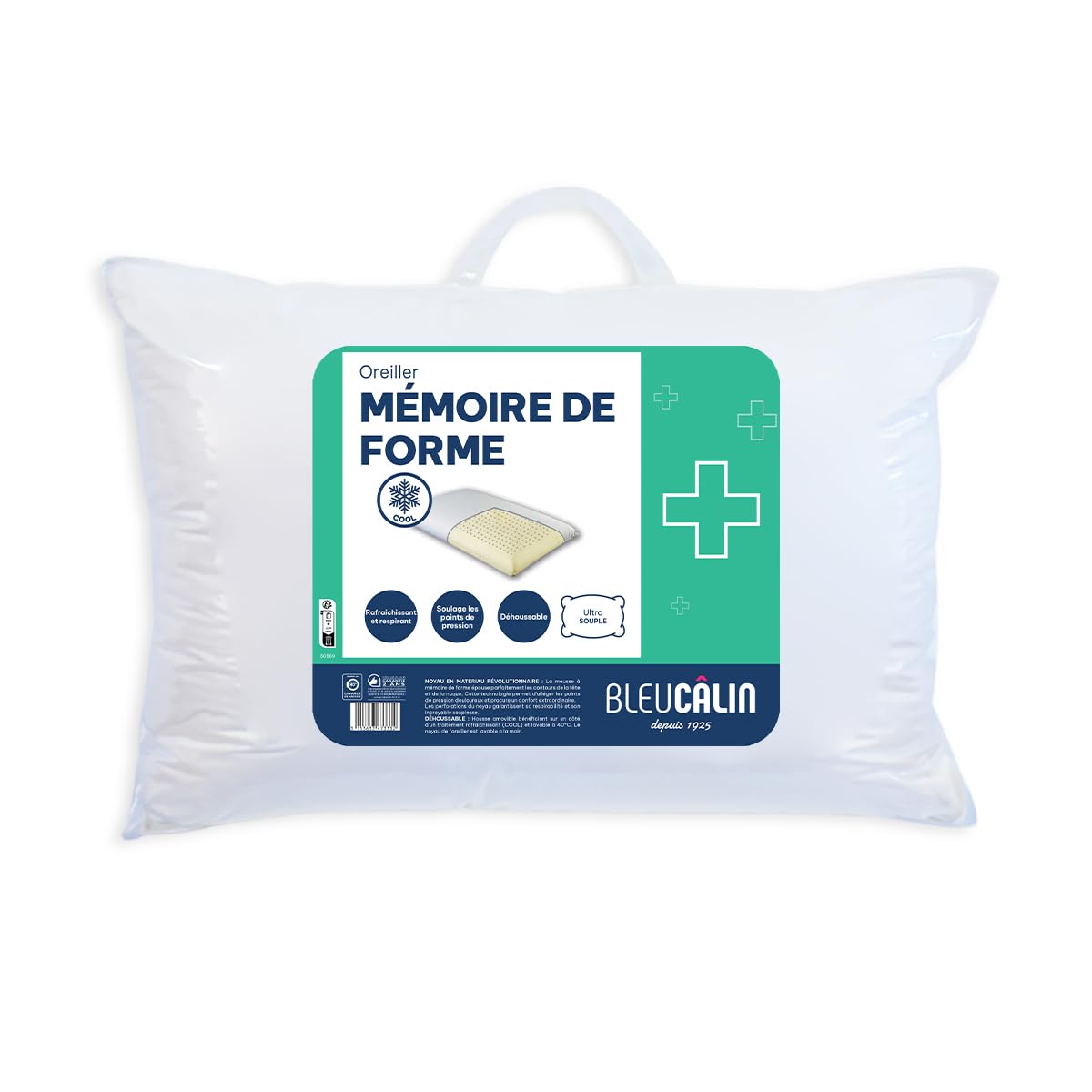 Bleu Câlin Cuscino ergonomico in memory foam, traspirante, con rivestimento in effetto rinfrescante, supporto ottimale per testa e collo, fodera rimovibile, 50 x 70 cm