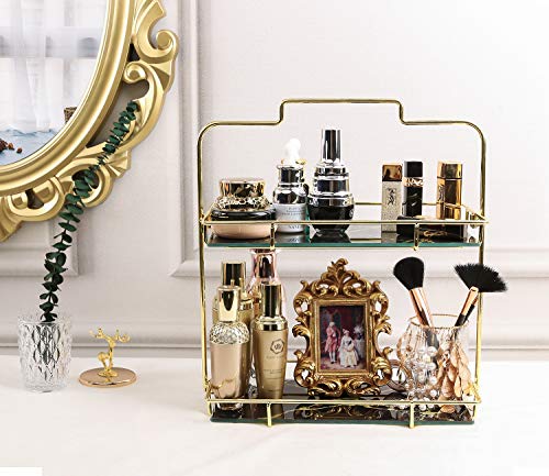 Simmer Stone Makeup Organizer Shelf, 2 Tier Cosmetic Storage Basket With Removable Glass Tray, Wire Vanity Organizer Rack For Dresser, Countertop, Bathroom And More, Gold #TOP3