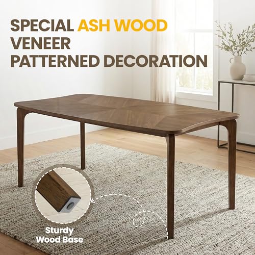 Image of HNY Modern Curved Edge Dining Table, 63 inch Solid Wood Kitchen Table with Herringbone Pattern Mid-Century Rectangular Dinner Table for 6-8 People, Walnut Color Finish