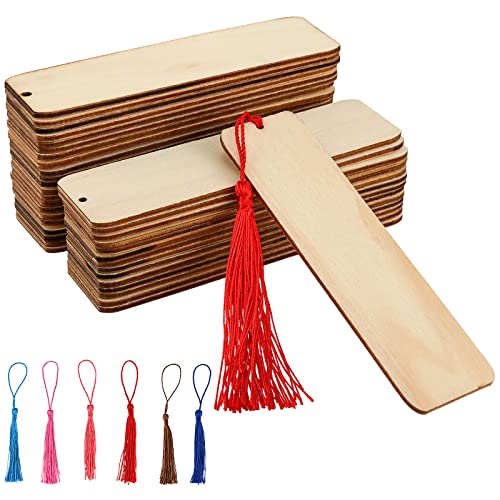 HAKZEON Conjunto de 72 marcadores de madeira em branco, 36 marcadores de madeira em branco com orifícios e 36 borlas coloridas, marcadores retangulares para casamentos, festas, decoração artesanal, 12