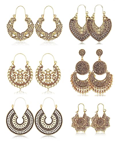 Morfetto 6 Paar Vintage böhmische Tropfen baumeln Ohrringe Boho National Style Hohles Blütenblatt Herzförmige Perlen Statement Ohrringe für Frauen Mädchen Hypoallergener Goldschmuck Gold