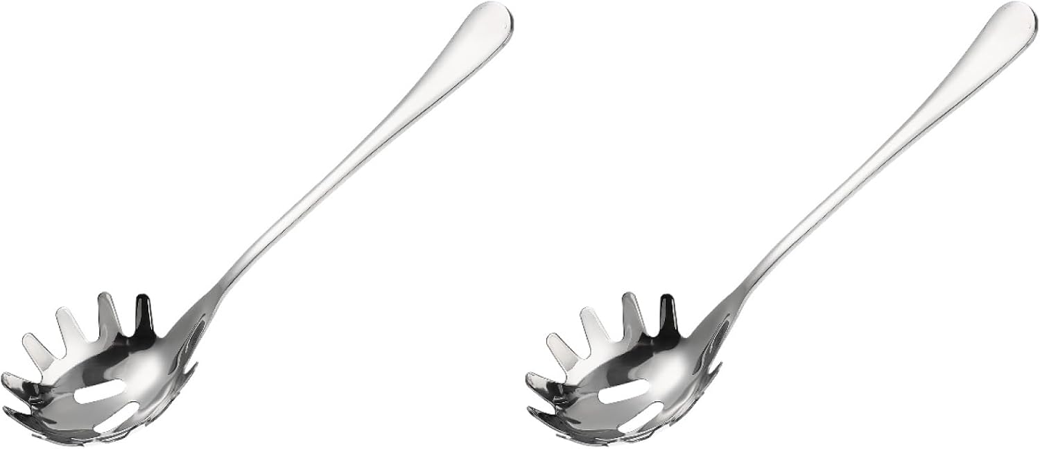 DOITOOL 2 Pcs Stainless Steel Spaghetti Spoon Server with Draining Holes and Teeth 9.44 Inch Pasta Fork for Easy Noodle Serving Comfortable Handle for Home Restaurant Use