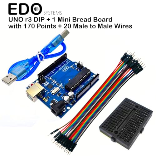 Image of EDO Systems UNO R3 Board | DIP Type ATmega328P Microcontroller | USB Cable Included | Perfect for DIY Robotics, STEM Kits, Coding & Electronics Projects + Mini Breadboard + 20 Male /Male Wires | Combo