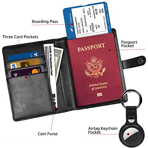 Travel Passport Wallet With Airtag Holder,Rfid Passport Vaccine Card Holder With Air Tag Luggage Keychain,Leather Passports Cover Wallet Multiple Card Holders For Men And Women(Black) #TOP1