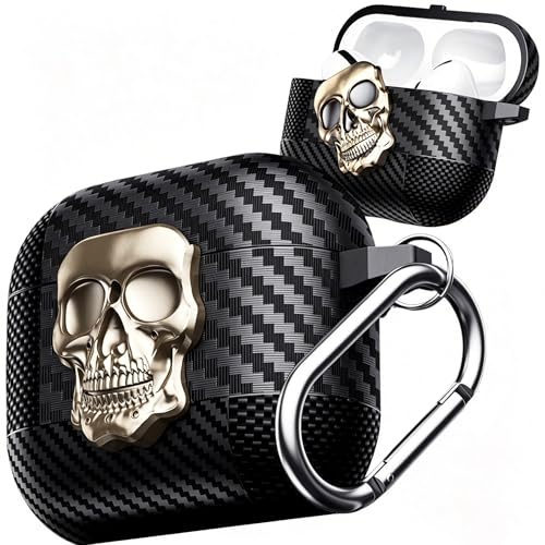 Fofvccv Custodia in Fibra di Carbonio per AirPods 4 con Moschettone, Design Unico con Teschio 3D Girevole in Metallo Cover Protettiva Cool per AirPods 3 - Skull Gold