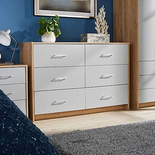 Home Source Wide Chest of 6 Drawers Bedroom Storage, Grey, Metal Runners
