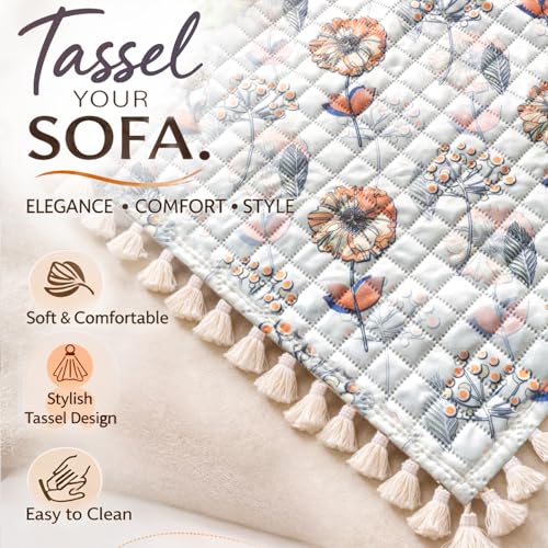 Image of HOKIPO Wildflower Breeze L Shape (3+2 Seater) Sofa Seat Mat with Tassel| Quilted Sofa Cover Mat, 'Tassel Twigs' Series (IN-984-T7 + IN-986-T7)
