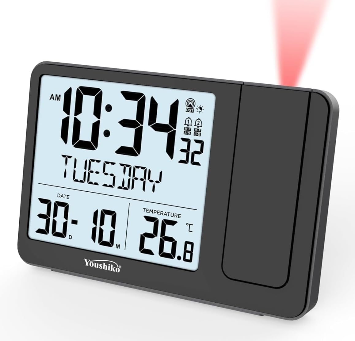 Radio Control (Official 2025 MSF UK Version) Projection Alarm Clock, Bedroom Projector Clock Dual Alarms LCD Display Date Time