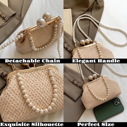 2026 Chic Straw Clutch Purses for Women with Pearl Handle Summer Bag, Ideal Vacation Handbags and Woven Beach Bag(Khaki) by LUKLUKTAISUN - Used condition - Image 3