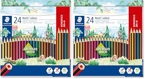 Staedtler Buntstifte Noris colour, rutschfeste Soft-Oberfläche, hohe Bruchfestigkeit, Made from Upcycled Wood, intensive Farben, Sechskantformat, 20 + 4 Farbstifte im Kartonetui, 185 C24P