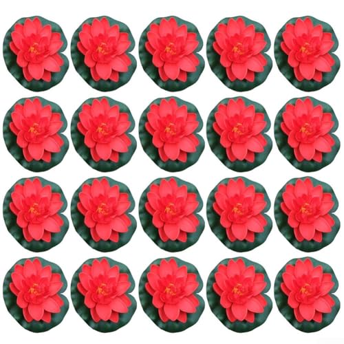 MoSundi Lot de 20 nénuphars artificiels rouges pour bassin de jardin, 10 cm de diamètre, mousse EVA pour matériau, aspect réaliste, pour décoration polyvalente