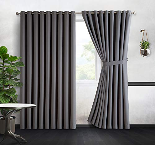 DecoSource - 2 Wall-to-Wall Blackout Grommet Curtains Panels - 99 Inch Long with Tiebacks - Total Size 216 Inch Wide (108 Each Panel) - Solid Thermal Insulated (108" x 99", Light Grey)