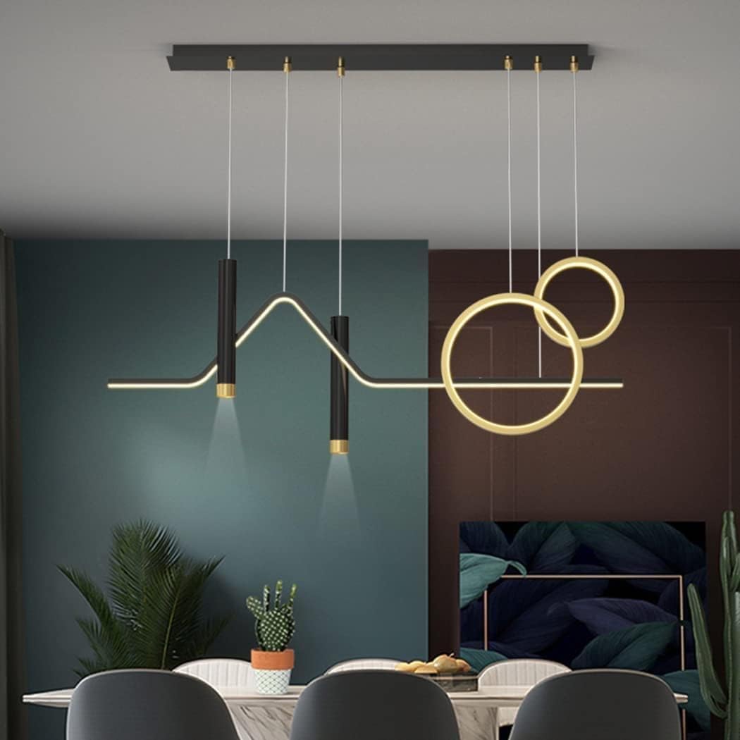 Lampada a sospensione lineare a LED a striscia lunga Sala da pranzo Lampada a sospensione moderna in oro nero di metà secolo con telecomando Lampadario moderno di metà secolo in oro nero per cucina