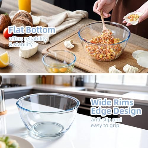 WhiteRhino Glass Mixing Bowls Glass Bowls with Lids Set(4.5QT,2.7QT, 1.1QT),Large Salad Bowls,glass mixing bowl Space-Saving Nesting Storage bowls for Cooking,Baking,Prepping,Dishwasher Safe - Thumbnail 5