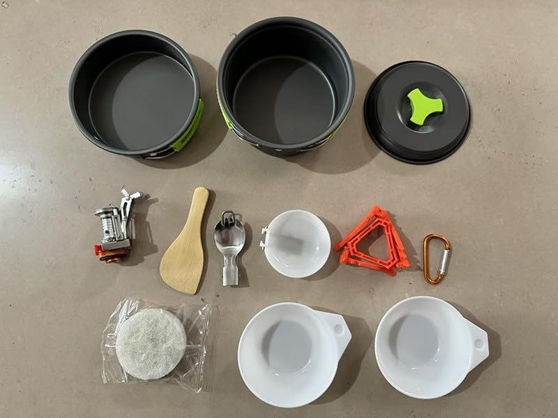DAZZLEEX Lightweight Anodized Aluminum Camping Cookware Set for 1-2 People with Folding Pan Pot Stove Utensils and Storage Bag for Hiking Backpacking Picnic Outdoor Cooking(Green handle)