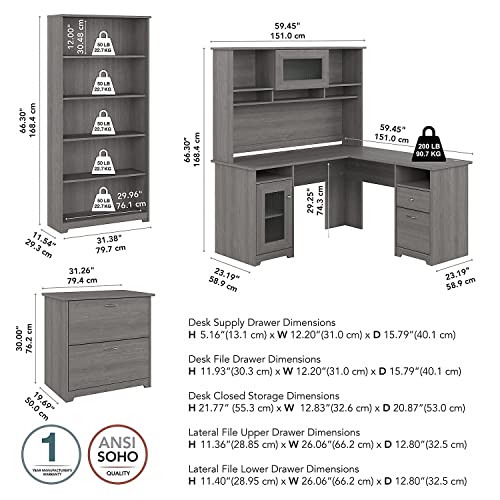 Bush Furniture L Shaped Desk with Hutch, 5 Shelf Bookcase and Lateral File Cabinet | Cabot Collection Corner Computer Table with Storage and Bookshelf | 60Wx23DX37W - Thumbnail 3