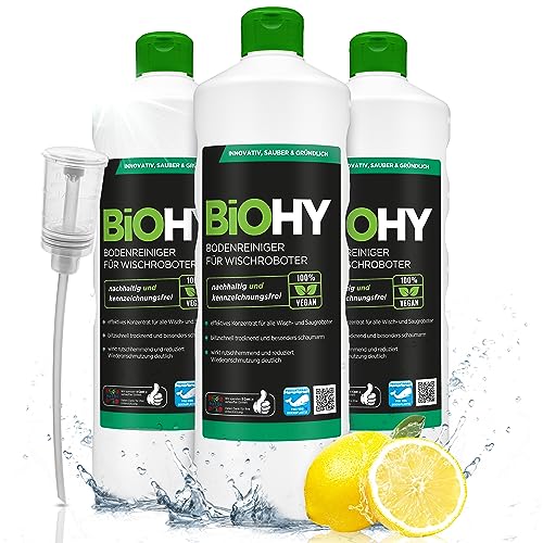 BiOHY Nettoyant de sol pour robot aspirateur laveur (3 x 1l Bouteille) + Distributeur | concentré pour tous les robots d'essuyage et d'aspiration à fonction humide (Wischroboter Frisch)