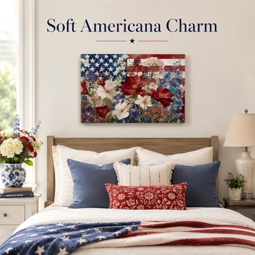 Image of Patriotic Floral American Flag Framed Canvas Wall Art, 4th of July Wildflower Pictures, Independence Day Canvas Prints for Living Room, Bedroom, Kitchen, Farmhouse, Home Wall Decor