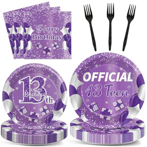 Image of Qyeahkj 100 Pcs Purple Official Teen Birthday Decor 13th Birthday Plates Napkins Forks Set Disposable Official 13th Tableware Teenager Paper Plates Dinnerware Decorations Serve 25