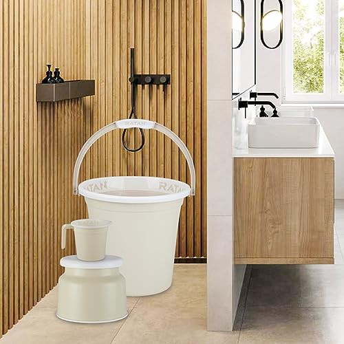 Image of RATAN PLASTICWARE Plastic Bathroom Set of 5 Pieces Combo Pack Gloria Plain 18 Liters 2 Pieces Bucket + Nova Stool Patla 107 + Two Gloria Plain Bath Mug 1 Liter Color Twist Beige