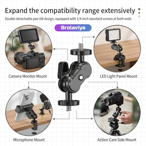 Image of BROLAVIYA Dual Ball Head Magic Arm Mount with 1 /4 inch Standard Screws, 360 Rotatable Universal Bracket for DSLR Camera Monitor, LED Video Light, Microphone and Action Cam Support