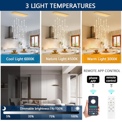 Image of Rectangular Chandeliers 17-Lights Long Light for Entryway LED Dimmable Chandeliers Lighting Fixture Flat Sloped High Ceiling Pendant Lights Crystal for Living Room Foyer Hallway Staircase Gold