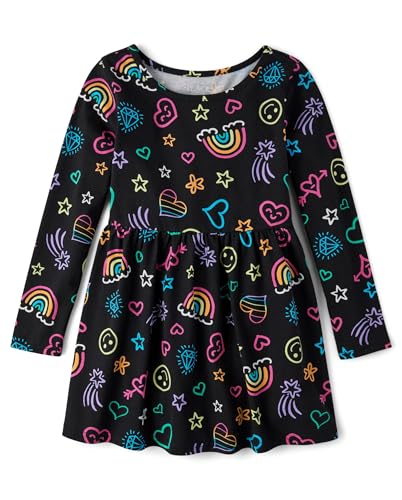 The Children's Place,Girls,Long Sleeve Casual Thermal Knit Dress,Black Doodle Icons,XX-Large