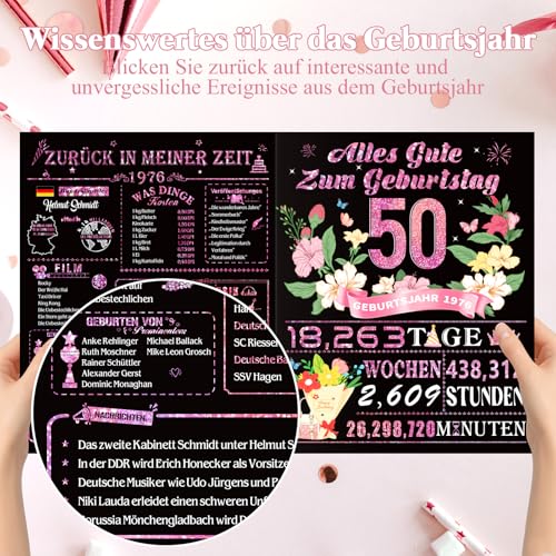 50.Geburtstag Geschenk Frau,Vintage 1976 Canvas Einkaufstasche Tragetasche Kosmetiktasche 7 Set mit Becher Strohhalm Grußkarte,50. Geburtstagsgeschenk für Mama, Freundin, Kollegin oder Schwester