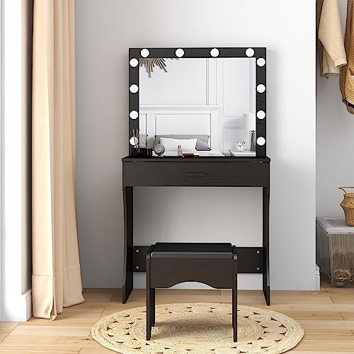 Image of Panana Vanity Desk with Mirror and Lights, Black, Medium Size, Tabletop Mount, Makeup Vanity Table with Stool, Bedroom