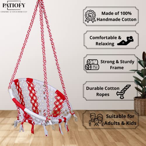 Image of Patiofy Cotton Netted Round Large Swing for Adults /Swing for Balcony /Swing Chair for Adults for Home /Hammock Swing for Adults /Swing Chair Wooden /Without Hanging Kit (120Kgs Weight Capacity White-Red)