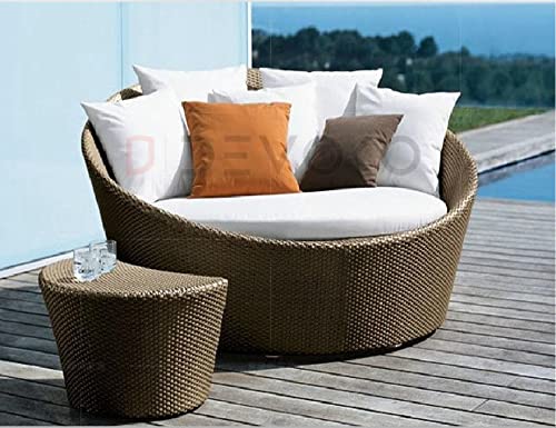 Image of DEVOKO Outdoor Pool Side,Garden,Balcony,Porch,Backyard,Terrace,Patio,Beach Round Sofa Wicker&Rattan Unique Design Daybed with Table Furniture Set(Darkbrown&Offwhite),139 Centimeters,139 Cm,30 Inch