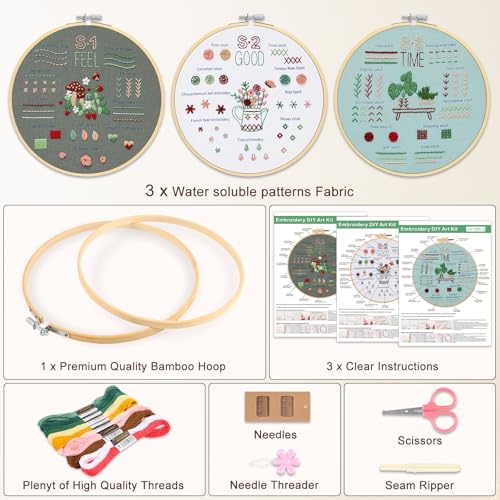 Image of KintKita Embroidery Kit for Adults Beginners, 3 Stages to Learn 31 Basic Embroidery Stitches Practice Cross Stitch Kits for Beginners with Embroidery Patterns, Hoop,Threads,Tools