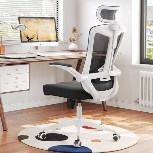 Image of Office Chair (07White-Black, Chair) | 360 Swivel Adjustable Lumbar Support & Flip-Up Armrests capacity 300 lbs capacity