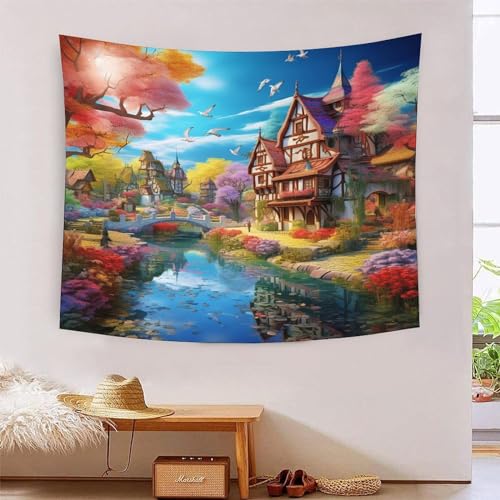 Tapisserie murale effet 3D chalet de montagne grand tissu mural 180x230